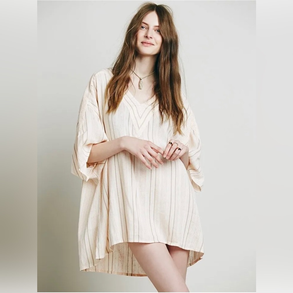 NWOT Free People Yard Dye Stripe Beach Drawstring Peach Combo Tunic Sz XS